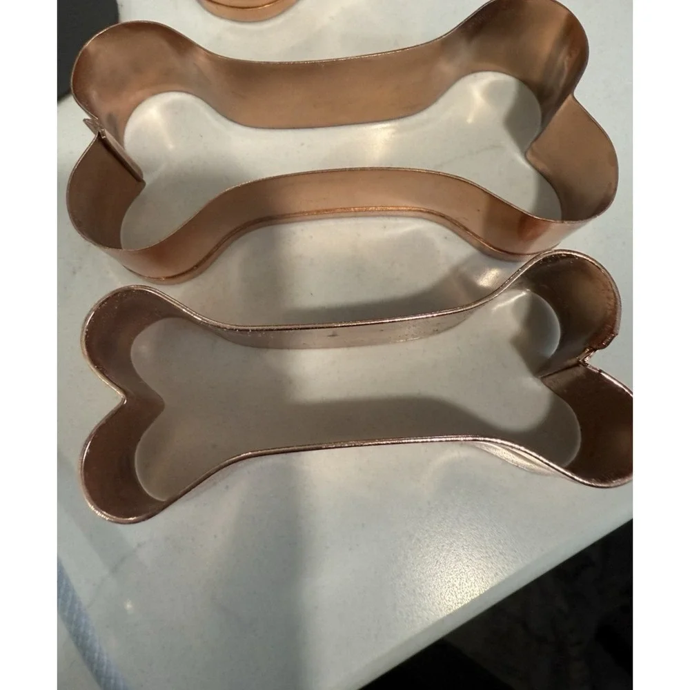 Bone shaped Copper Cookie Cutters Dog Biscuits Lot of 3 + Tin & Recipe